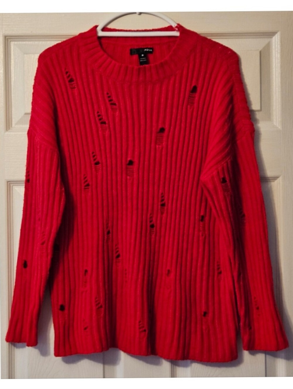 Aqua Red Distressed Ribbed Crewneck Sweater S